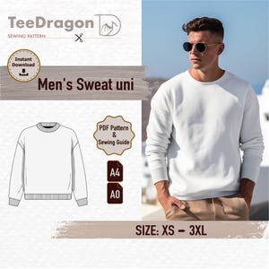 PDF-naaipatroon voor sweatshirt voor heren | Maat XS-3XL | Direct downloaden | Trui met ronde hals | Makkelijk zelf te maken | A4 & A0-formaat | Afdrukbare naaihandleiding