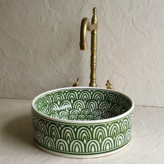 Green Moroccan Vessel Sink l Hand Painted Mandala Basin l Ceramic Bathroom Sink l Geometric Vanity Bowl