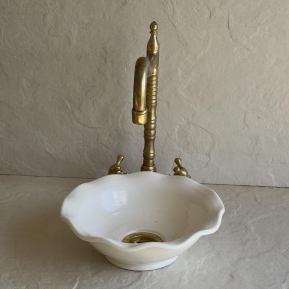 Elegant White Ceramic Sink l Flower Shape Vessel Basin for Bathroom l Handmade Sculptural Vessel Basin with Brass Drain