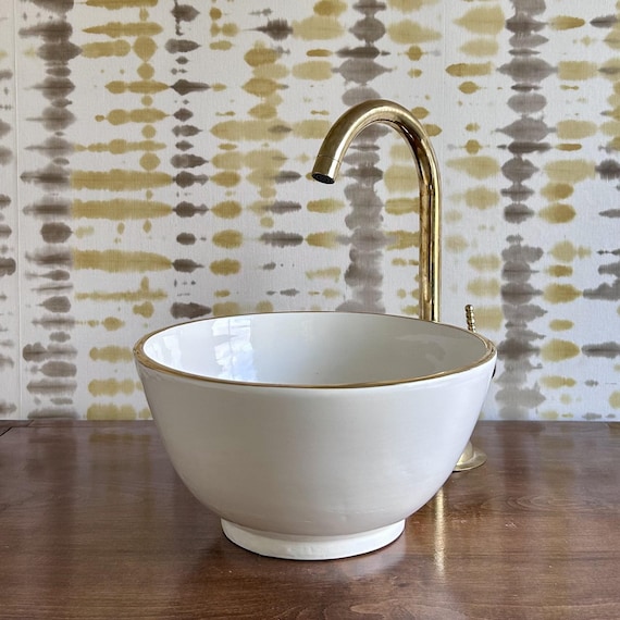 White Ceramic Vessel Sink with 14K Gold Rim l Handmade Bathroom Basinl Custom Sink l Luxury Artisan Basin