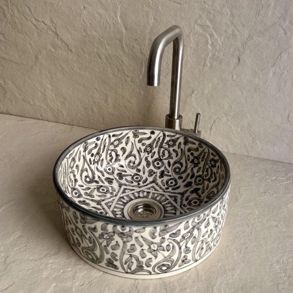 Mid Century Gray Ceramic Sink Bowl l Hand-Painted Vessel Basin l Neutral Bathroom Vanity Sink