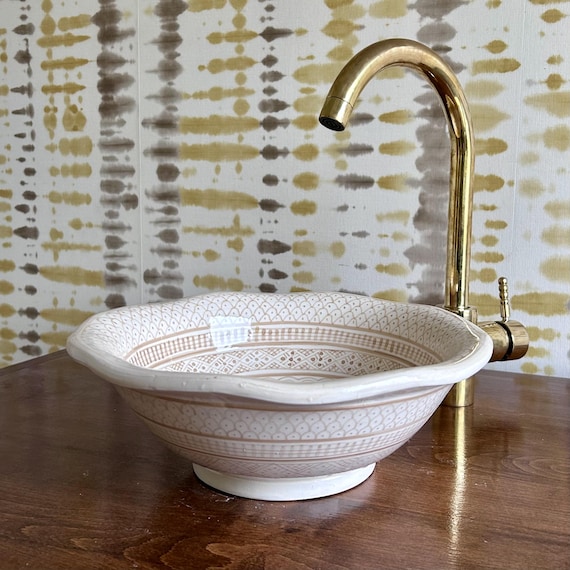 Beige & White Moroccan Ceramic Washbowl l Handmade Moroccan Ceramic Sink l Japandi Style Vessel Sink