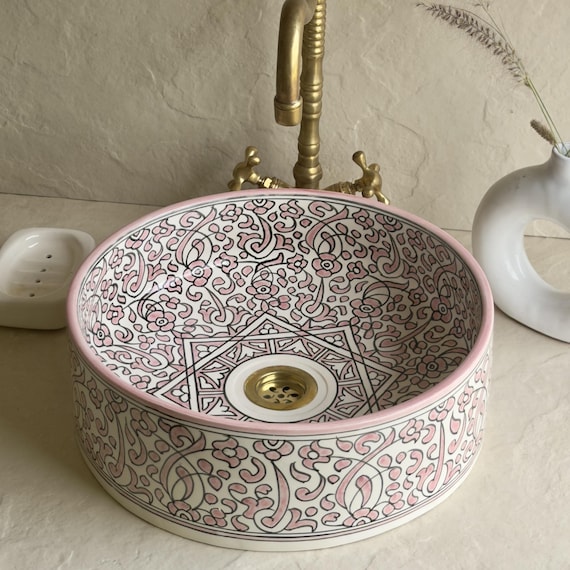 Pink and White Ceramic Sink | Hand Painted Floral Basin | Artisan Bathroom Basin
