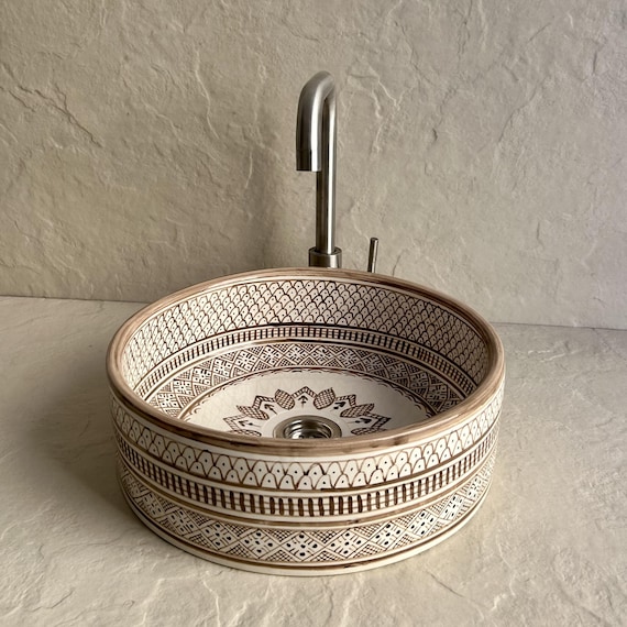 Warm Beige Moroccan Ceramic Sink, Vessel Basin with Geometric Patterns, Artisan Vanity Bowl, Rustic Boho Bathroom Pottery Wash Basin