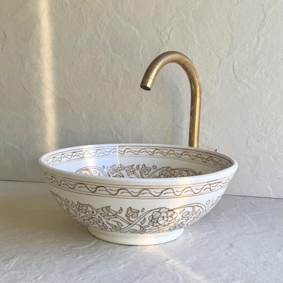 Hand Painted White & Brown Vessel Sink l Moroccan Style Bathroom Bowl Sink l Round Countertop Bathroom Basin