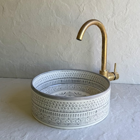 Gray & White Ceramic Vanity Sink l Moroccan Countertop Basin l Handcrafted Gray Geometric Washbasin