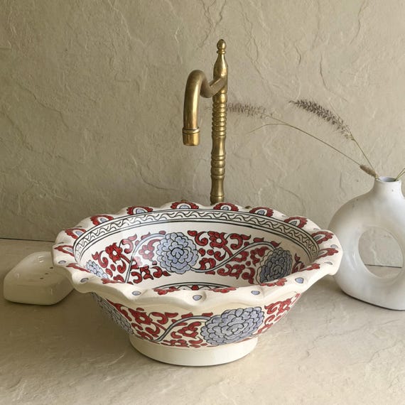 Scalloped Red & Blue Floral Sink l Handmade Moroccan Vessel Basin l Hand Painted Floral Bathroom Sink