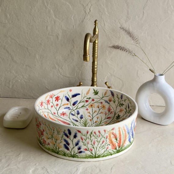 Floral Bathroom Sink l Botanical Ceramic Bathroom Basin l Handmade Moroccan Vessel Basin l Artisan Vanity Bowl