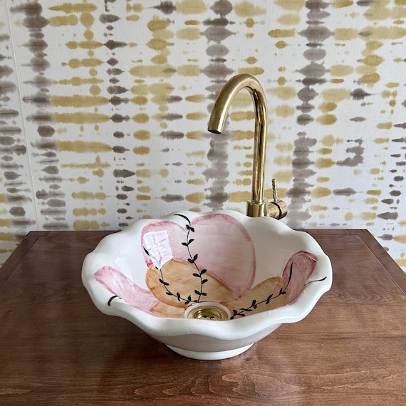 Hand-Painted Floral Ceramic Vessel Sink l Flower Shaped Bathroom Basin l Floral Vessel Basin