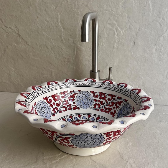 Floral Bathroom Sink l Handmade Ceramic Vessel Basin with Scalloped Edge l Red and Blue Flower Bowl for Vanity