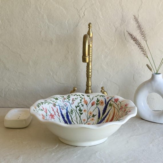 Wildflower Bathroom Sink | Handmade Moroccan Floral Basin l Colorful Floral Shape Bathroom Basin