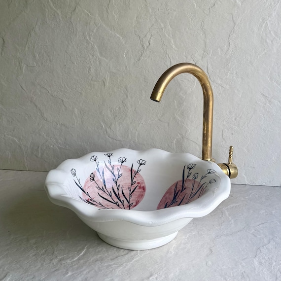 Flower Vessel Sink l Blush Pink Floral Hand Painted Ceramic Bathroom Basin l White Flower Shaped Sink