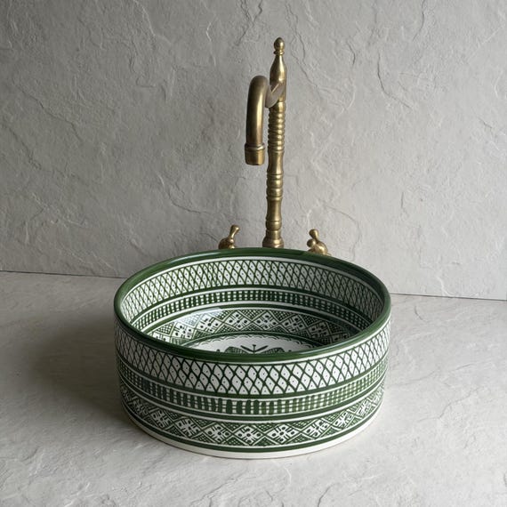 Hand Painted Green Sink l Moroccan Ceramic Basin l Round Vessel Sink l Artisan Bathroom Decor
