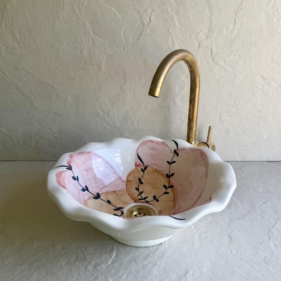 Hand Painted Flower Sink l Romantic Pink & Peach Ceramic Vessel Bathroom Basin l Cottagecore Bathroom Sink