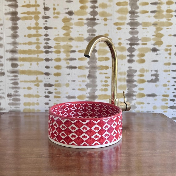 Handmade Moroccan Ceramic Sink | Red Heart Vessel Sink | Hand Painted Bathroom Countertop Basin