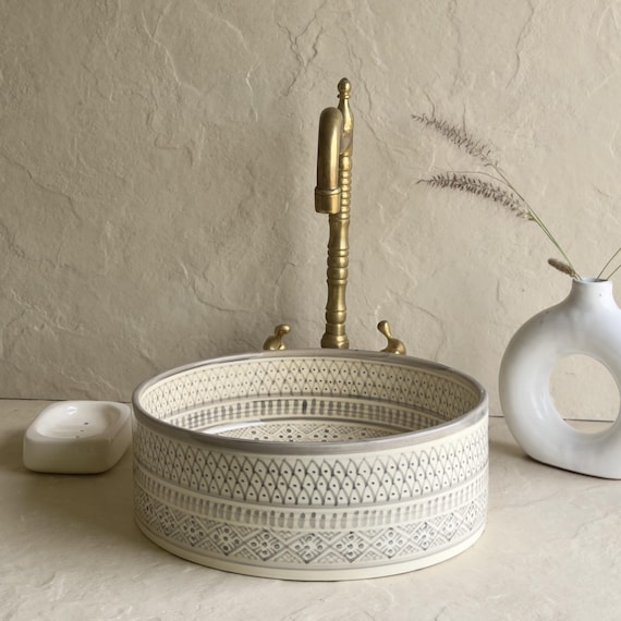 Gray Ceramic Vessel Sink | Hand Painted Vanity Basin | Handmade Gray Sink l Neutral Gray Vessel Sink