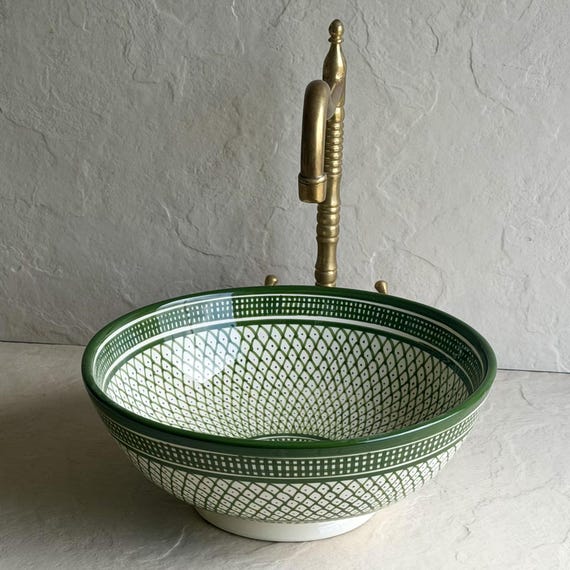 Green & White Vessel Sink l Moroccan Ceramic Basin l Handmade Bathroom Sink l Artisan Vanity Bowl