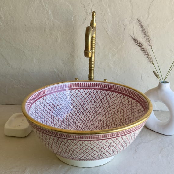 Pink Moroccan Ceramic Sink with Gold Rim l Hand Painted Pink Bathroom Sink l Artisan Bathroom Sink