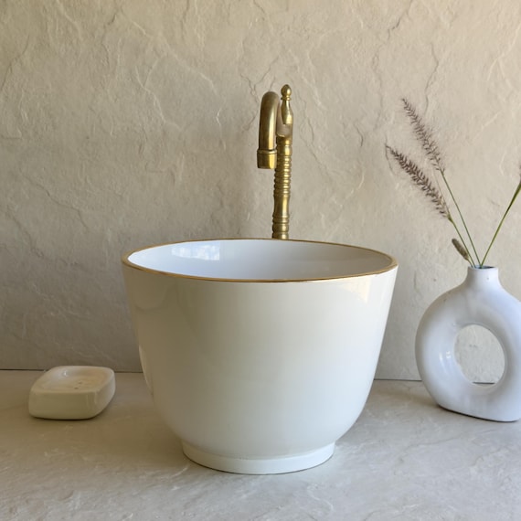White Vessel Sink with Gold Edge | Handmade Ceramic Vanity Basin l Luxury White Ceramic Sink | Modern Gold Rim Vessel Basin