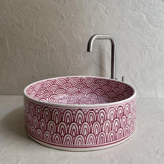 Mid Century Pink Ceramic Vessel Sink l Handmade Moroccan Vanity Basin l Round Countertop Wash Bowl
