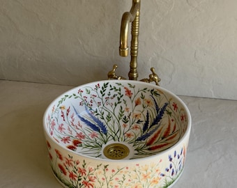 Moroccan Floral Basin l Colorful Handmade Bathroom Vessel Sink l Hand-Painted Floral Moroccan Ceramic