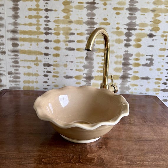 Flower Shaped Beige Vessel Sink | Handmade Neutral Bathroom Countertop Basin