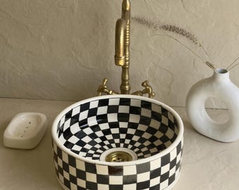 Black White Ceramic Vessel Sink l Checkerboard Ceramic Bathroom Sink l Optical Spiral Bathroom Basin