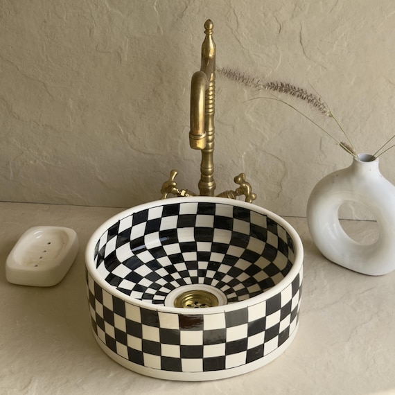 Black White Ceramic Vessel Sink l Checkerboard Ceramic Bathroom Sink l Optical Spiral Bathroom Basin