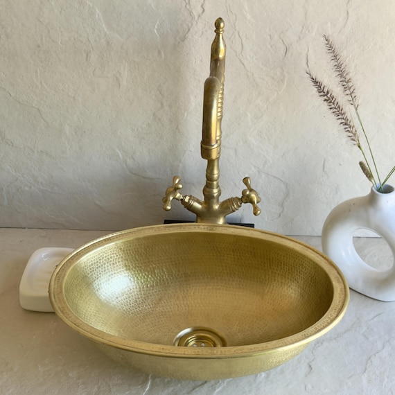 Oval Drop-in Brass Bathroom Sink | Handmade Moroccan Vessel Basin l Artisan Hammered Basin