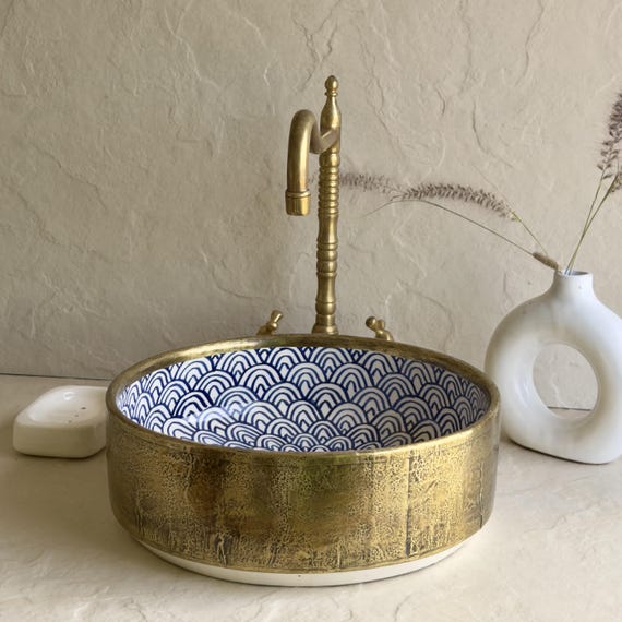 Brass Wrapped Blue Moroccan Sink l Hand Painted Ceramic Vessel Basin l Handmade Moroccan Sink with Brass Finish