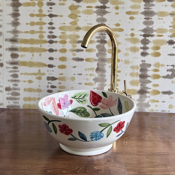 Colorful Floral Vessel Sink, Hand Painted Ceramic Bathroom Basin, Moroccan Artisan Washbowl