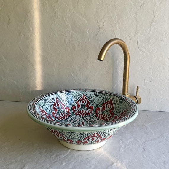 Colorful Drop-In Bathroom Sink | Hand Painted Ceramic Basin | Unique Statement Vanity Sink | Artisan Bathroom Decor