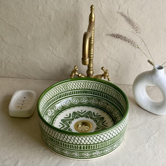 Green & White Bathroom Sink | Handmade Green Artisan Basin l Ceramic Vanity Basin