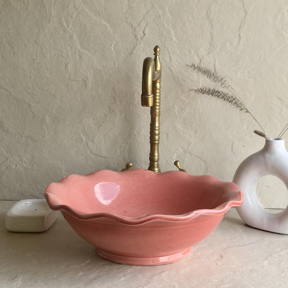 Pink Flower Vessel Sink | Handmade Ceramic Bathroom Basin | Sculptural Ceramic Vanity Basin | Handmade Pink Vessel Basin