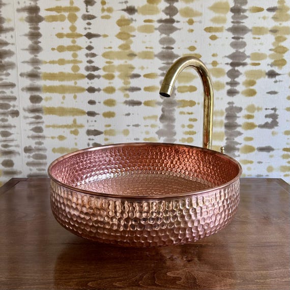 Round Hammered Copper Vessel Sink | Handmade Antique Metal Bathroom Basin | Rustic Countertop Vanity Sink