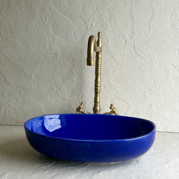 Deep Blue Bathroom Sink l Oval Vessel Basin l Handmade Ceramic Sink l Modern Vanity Bowl