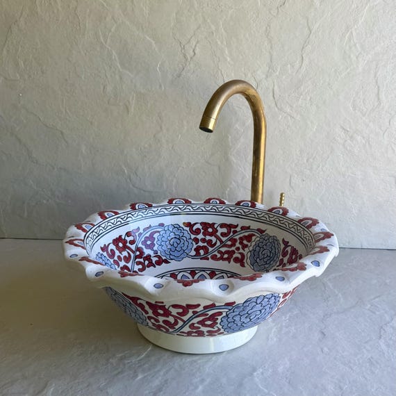 Blue & Red Floral Vessel Sink l Handmade Scalloped Ceramic Bathroom Basin l Decorative Floral Ceramic Sink
