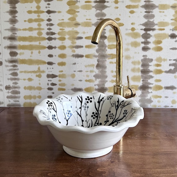 Flower Shaped Ceramic Vessel Sink | Hand Painted Black Floral Bathroom Basin | Scalloped Countertop Vanity Sink