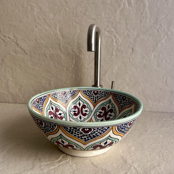 Moroccan Bathroom Sink Bowl l Handmade Ceramic Vessel Basin with Vibrant Floral l Hand-Painted Multicolored Artisan Basin