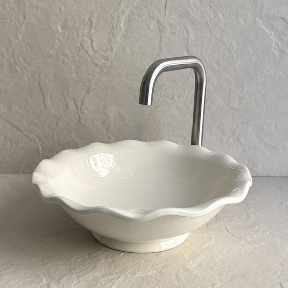 White Flower Shaped Ceramic Sink l Handmade Vessel Basin l Minimalist Bathroom Wash Bowl l Vanity Countertop Basin