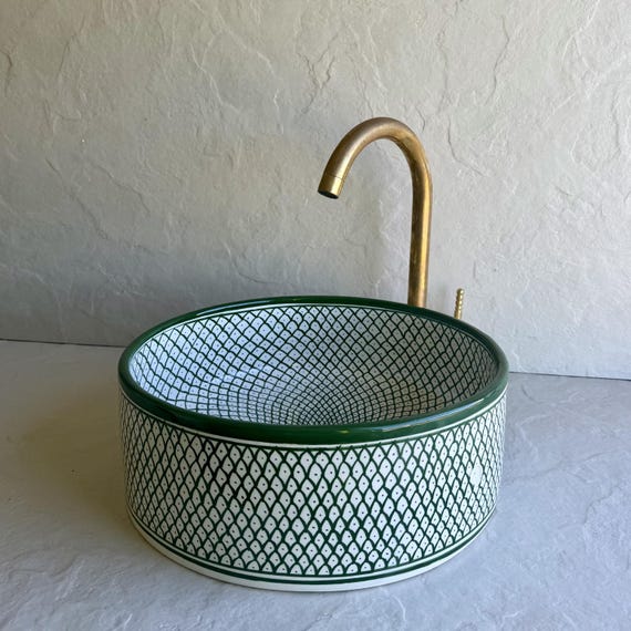 Green & White Geometric Bathroom Sink l Handmade Moroccan Vanity Bowl l Artisan Moroccan Basin