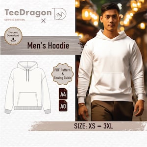 Patrón de costura de sudadera con capucha para hombre | Tallas XS a 3XL | Descarga instantánea | Patrón de sudadera con capucha | PDF de bricolaje | A4 y A0 | Fácil de coser | Guía imprimible