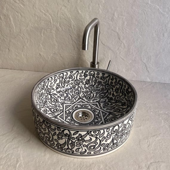 Dark Gray Floral Round Vessel Sink – Moroccan Artisan Ceramic Bathroom Basin, Hand-Painted Vanity Bowl, Countertop Wash Sink Bathrooms Basin