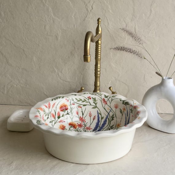 Floral Ceramic Drop In Sink | Hand Painted Botanical Bathroom Basin l Wildflower Ceramic Sink