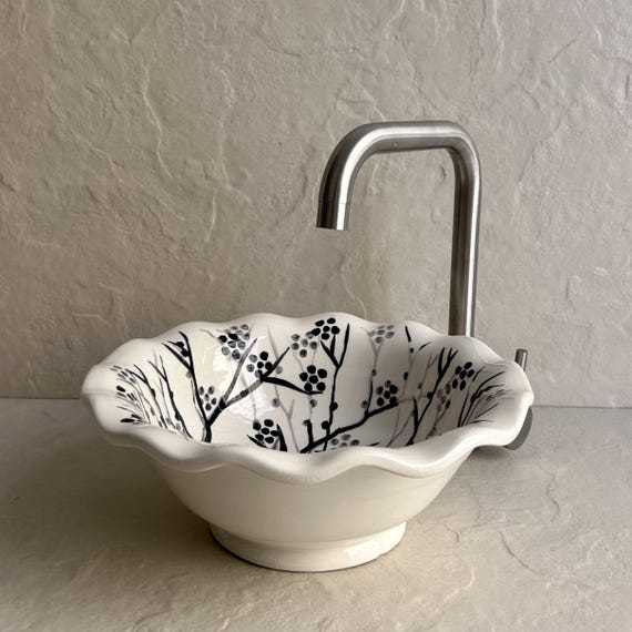 Hand-Painted Vessel Basin l Black White Vanity Wash Bowl l Farmhouse Rustic Bathroom,