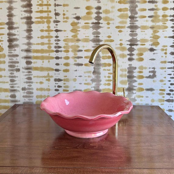 Pink Floral Ceramic Vessel Sink l Hand-Painted Black Flower Basin l Artisan Bathroom Washbowl