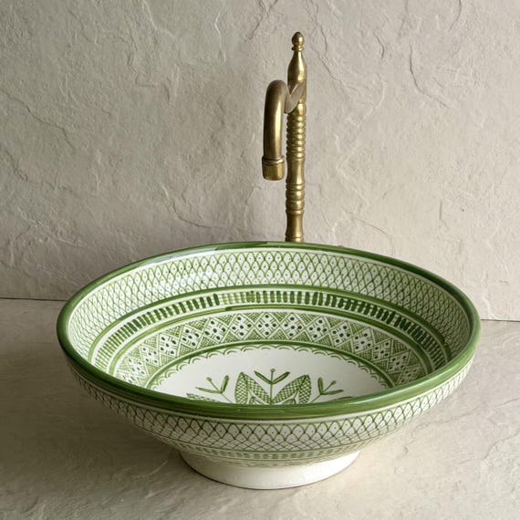 Green & White Moroccan Sink l Moroccan Bathroom Basin l Handmade Ceramic Vessel Basin l Decorative Vanity Sink