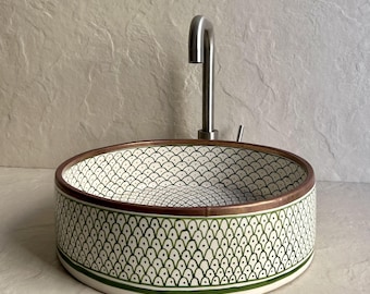 Round Green Ceramic Sink with Brass Rim l Handmade Moroccan Vessel Basin l Contemporary Bathroom Washbasin