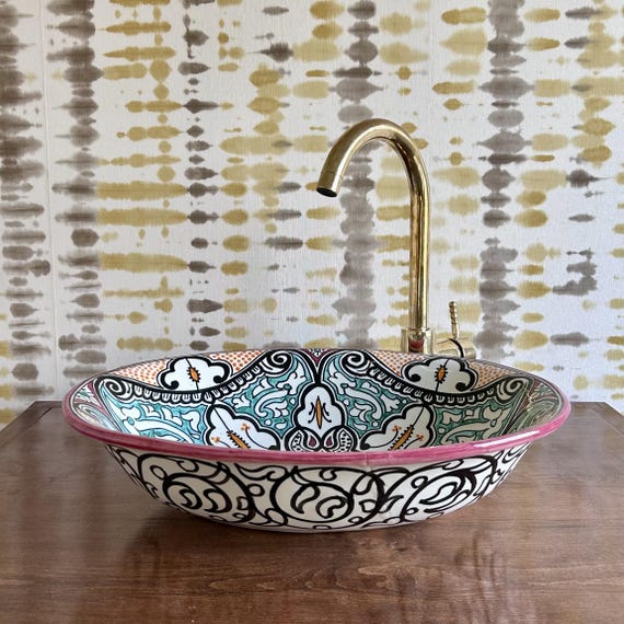 Moroccan Hand Painted Oval Vessel Sink, Colorful Ceramic Bathroom Basin, Mediterranean Bathroom Decor