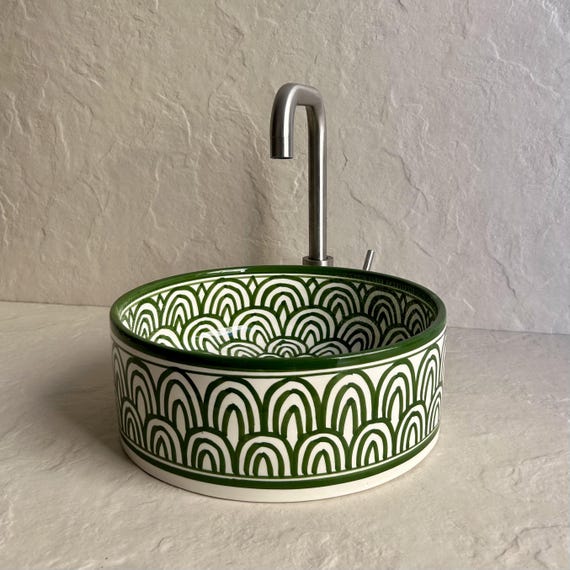 Green & White Moroccan Vessel Sink l Round Handcrafted Ceramic Bathroom Basin l Countertop Vanity Bowl
